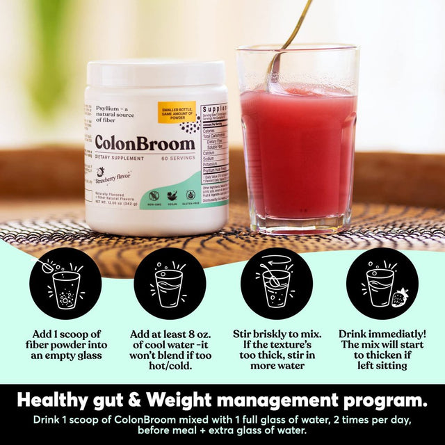 Colonbroom Psyllium Husk Powder Colon Cleanser, Strawberry, 60 Servings