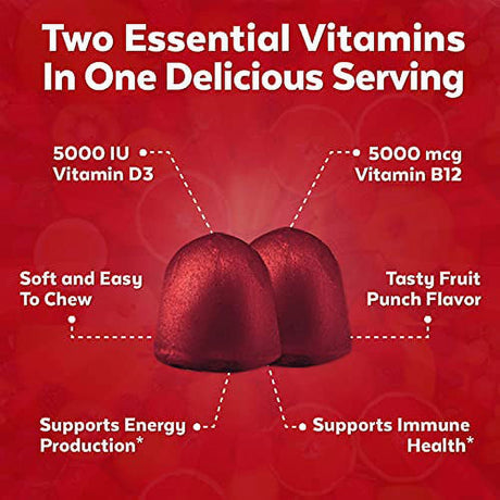 Vitamin B12 and Vitamin D3 5000 IU Gummies, 60 Count | Delicious Fruit Punch Flavor, Vitamin D Gummies and Methyl B12 Vitamins 5000 Mcg for Energy and Immune Support for Adults