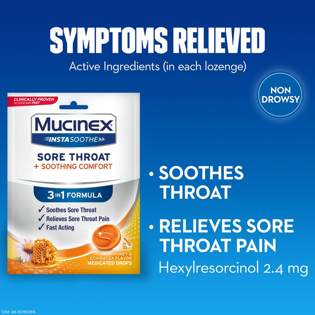 Mucinex Instasoothe Cough Drops, Sore Throat Lozenges, Honey & Echinacea, 40 Count