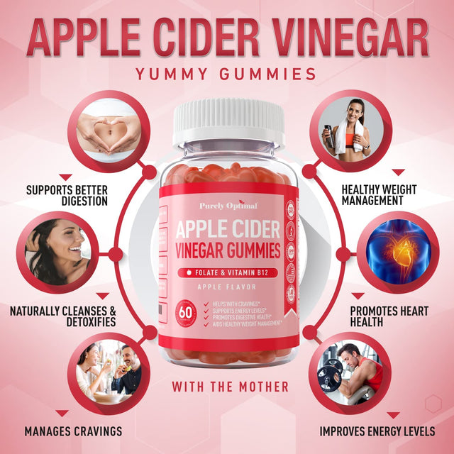 Purely Optimal Premium Apple Cider Vinegar Gummies - Cleanse & Weight Management W/Vitamin B12, Folate, Beet Juice, Pomegranate Juice - 60 Gluten-Free Gummies