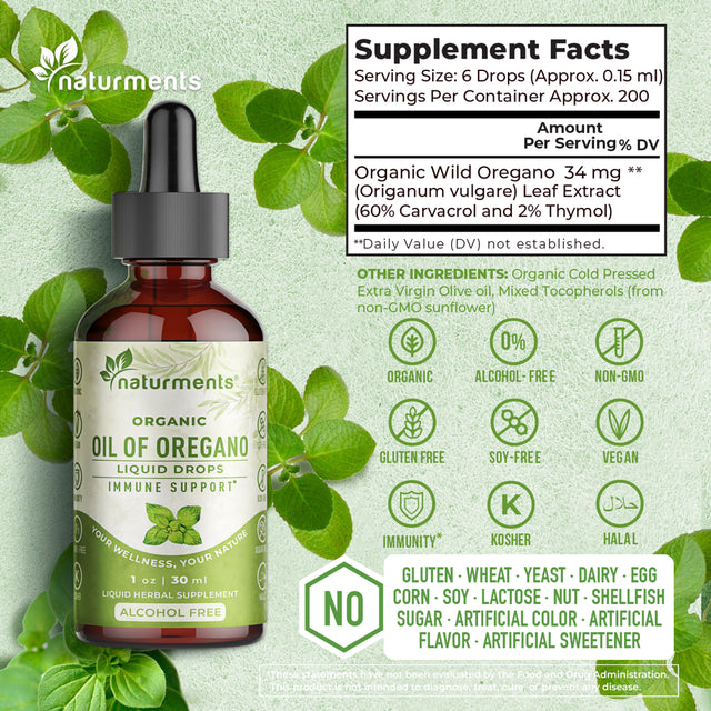 Naturments Oregano Oil Drops for Immune Support & Gut Health. Organic Wild Mediterranean Oregano Oil with Organic Extra Virgin Olive Oil - 1 Fl Oz 30 Ml