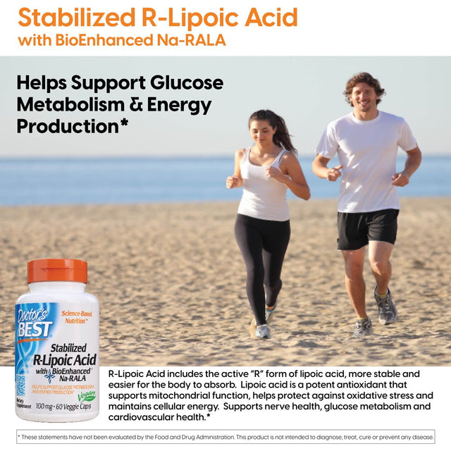 Doctor'S Best Stabilized R-Lipoic Acid with Bioenhanced Na-Rala, Non-Gmo, Gluten Free, Soy Free Vegan, Helps Maintain Blood Sugar Levels, 100 Mg 60 Veggie Caps