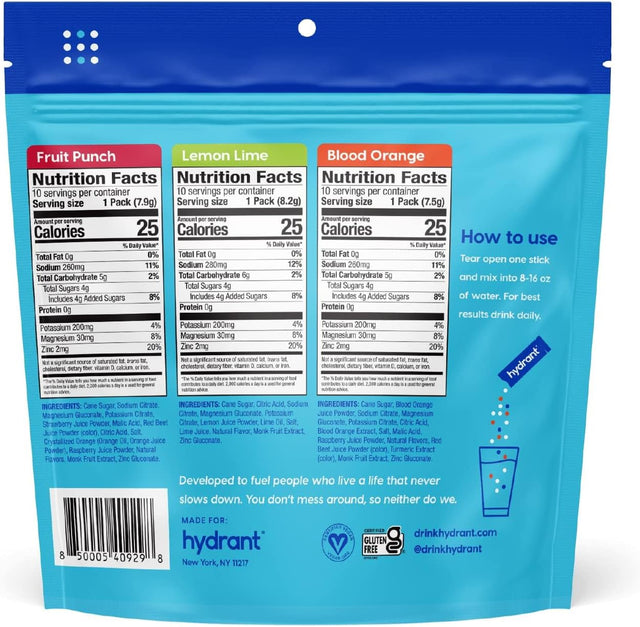 Hydrant Hydrate, Individual Hydration Electrolyte Powder Stick Packets with No Artificial Sweeteners, Colors, or Fillers (Variety Pack, 30 Pack)