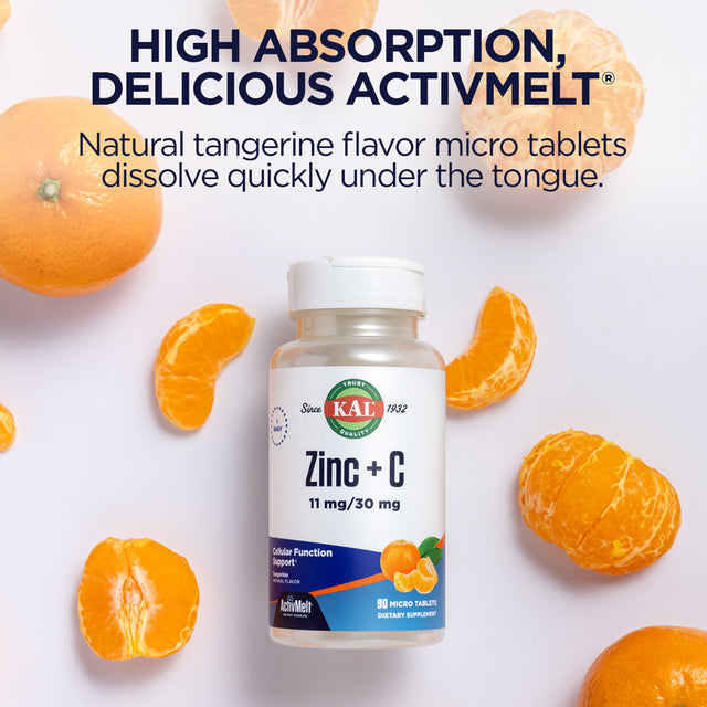 KAL Zinc plus C, Instant Dissolve Vitamin C and Zinc, Cellular Function and Immune Support, Optimal Absorption, Natural Tangerine Flavor, 60-Day Money-Back Guarantee, 90 Servings, 90 Micro Tablets