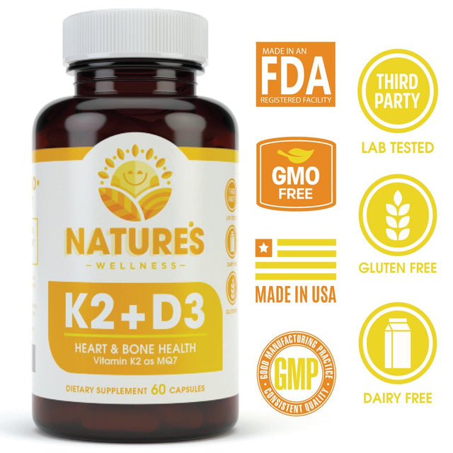 Vitamin K2 (Mk7) with D3 Supplement for Best Absorption - 2-In-1 Support for Heart Health and Strong Bones | Vitamin D & K Complex | D3 5000 IU + K2 100 Mcg | GMO & Gluten Free - 60 Capsules