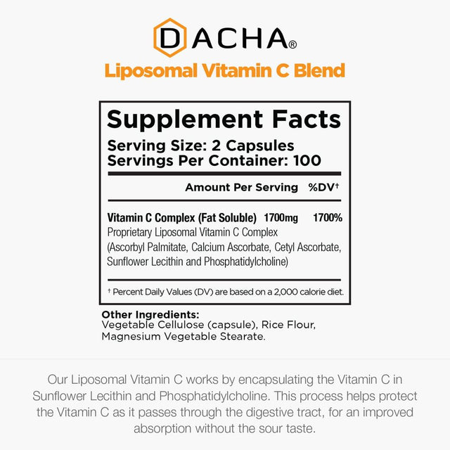 DACHA Natural Liposomal Vitamin C - 1700Mg, 200 Capsules, Immune System & Collagen Booster, High Absorption Fat Soluble VIT C, Buffered, Skin Vitamins, Sunflower Lecithin