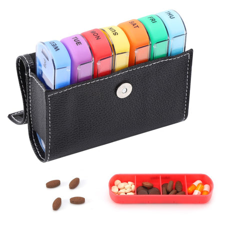 HEQUSIGNS 7 Day Pill Organizer, 4 Times a Day Travel Pill Case Medication Reminder, Pill Box 4 Compartments with Portable Leather PU Case for Holding Supplements, Vitamins, Fish Oils