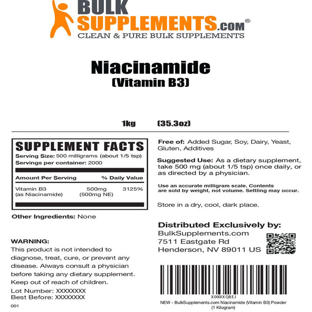 Bulksupplements.Com Niacinamide (Vitamin B3) Powder, 500Mg - Brain, Heart, & Joint Health Supplement (1KG - 2000 Serv)