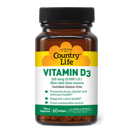 Country Life, Vitamin D3 5000 IU, Supports Healthy Bones, Teeth and Immune System, Daily Supplement, 60 Ct