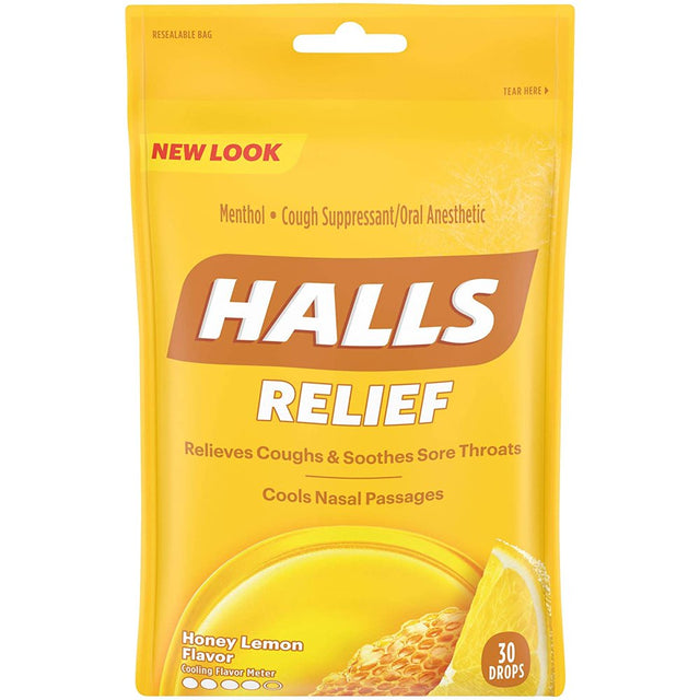 HALLS Relief Honey Lemon Flavor Cough Drops, 30 Drops per Pack ,90 Drops Total (3 Pack)