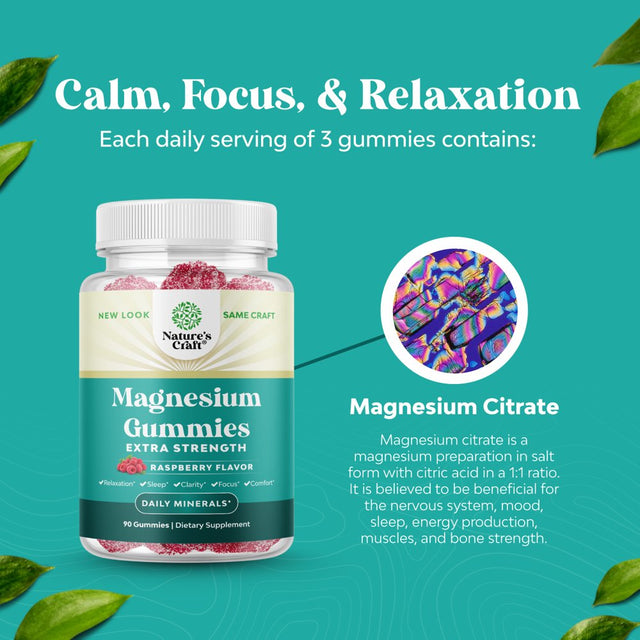 Extra Strength Magnesium Gummies for Adults - Relaxing Magnesium Citrate Gummies for Adults with 255Mg per Serving Elemental Magnesium from 1593Mg per Serving - Ultra Potent Magnesium Calm Gummies