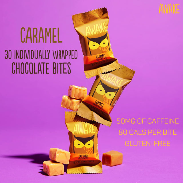 AWAKE - Caffeinated Chocolate Bites - Coffee Alternative - Low Calorie Snacks - Bite Size Energy Bars - 50Mg of Caffeine in Each Bite - Non GMO - Low Carb - Gluten Free - Caramel Chocolate - 30 Bites