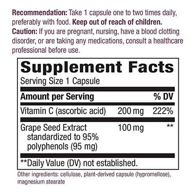 Nature'S Way Premium Blend Grape Seed with Vitamin C, Supports Skin and Veins*, 30 Vegan Capsules