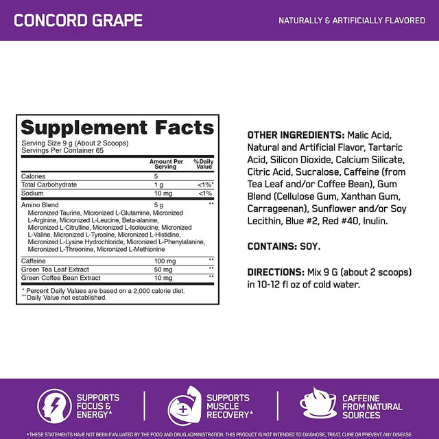 Optimum Nutrition Amino Energy Powder: Concord Grape (65 Servings) with Essential Amino Energy plus Electrolyes Sparkling Drink: Grape (12 Cans) - Bundle Pack