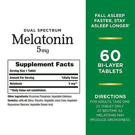 Natureâ€™S Bounty Melatonin 5Mg Dual Spectrum, 100% Drug Free Sleep Supplement, Quick Release and Extended Release, Promotes Relaxation and Sleep Health, 60 Bi-Layer Tablets