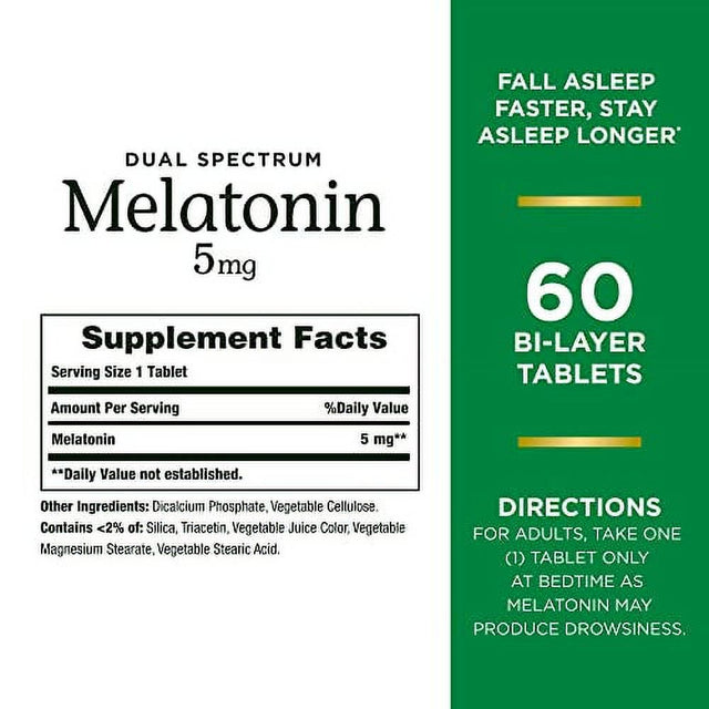 Natureâ€™S Bounty Melatonin 5Mg Dual Spectrum, 100% Drug Free Sleep Supplement, Quick Release and Extended Release, Promotes Relaxation and Sleep Health, 60 Bi-Layer Tablets