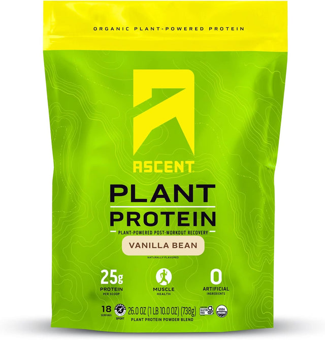 Ascent Plant Based Protein Powder - Non Dairy Vegan Protein, Zero Artificial Ingredients, Soy & Gluten Free, No Added Sugar, 4G BCAA, 2G Leucine - Vanilla, 20 Servings