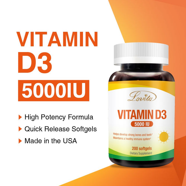 Lovita Vitamin D3 5000 IU to Boost Immune Support, Help Calcium Absorption, Support Healthy Teeth, Bone & Brain Development, 200 Softgel of Vitamin D3 Supplements for 200 Days Supply