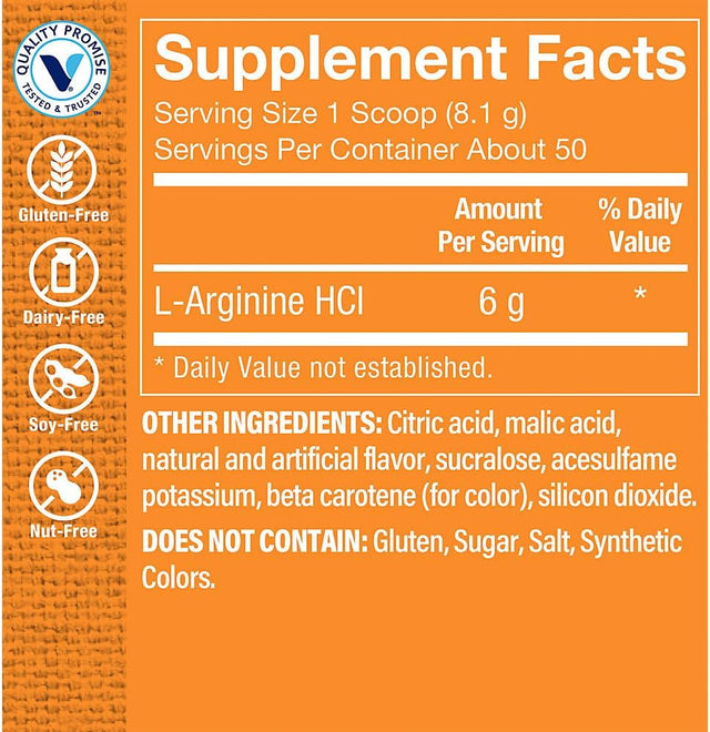 L-Arginine Hcl Amino Acid Powder - Nitric Oxide Booster & Supports Cardiovascular Health - Tropical Flavor (50 Servings)