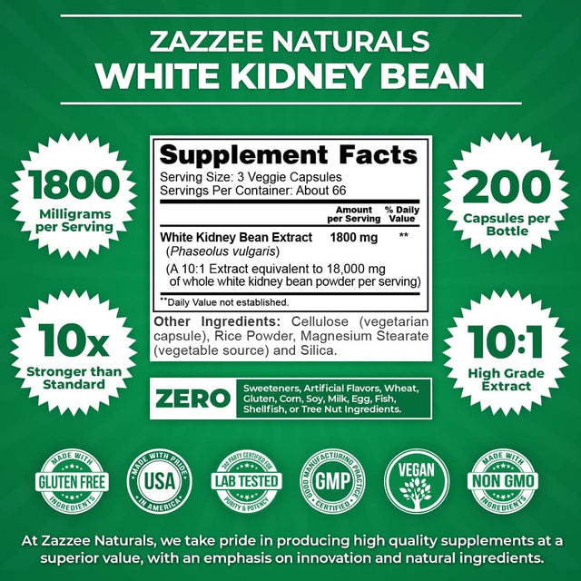 Zazzee White Kidney Bean 10:1 Extract, 18,000 Mg Strength, 200 Vegan Capsules, over 2 Month Supply, Standardized and Concentrated 10X Extract, 100% Vegetarian, All-Natural and Non-Gmo