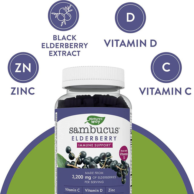 Nature'S Way Sambucus Elderberry Gummies - Immune Support Supplement for Kids & Adults* - with Vitamins C, D3, Zinc & Antioxidant Support* - Gluten Free & Vegetarian - 100 Gummies