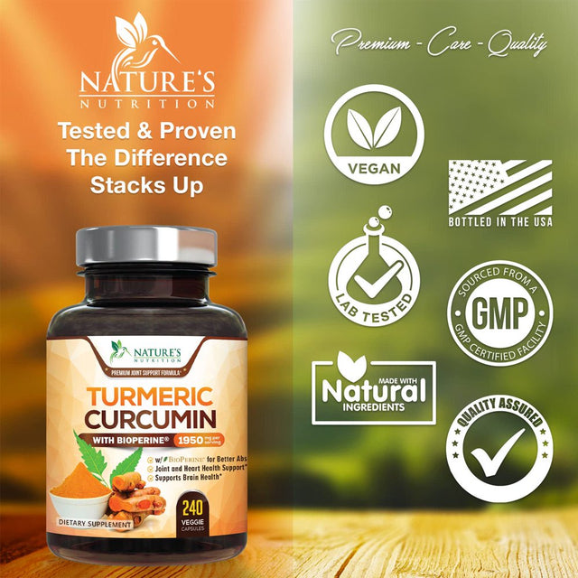 Turmeric Curcumin with Bioperine 95% Standardized Curcuminoids 1950Mg - Black Pepper for Max Absorption, Premium Joint Support, Natures Tumeric Supplement, Vegan Herbal Extract, Non-Gmo, 240 Capsules