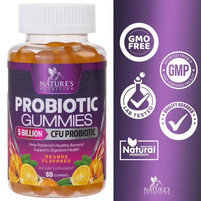 Nature'S Nutrition Probiotics for Women & Men Gummy, Extra Strength 5 Billion CFU, Lactobacillus Acidophilus Daily Probiotic Supplement, Supports Immune & Digestive Health, Orange Flavor, 60 Gummies