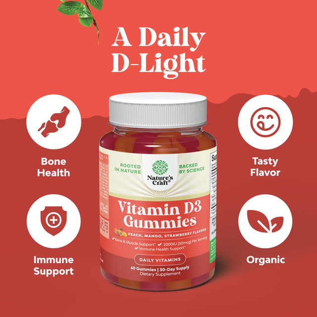 Vitamin D3 Immune Support Gummies - Vitamin D3 2000 IU per Serving Adult Gummy Vitamins for Bone Strength Heart Health and Immune System Supplement - Immune Vitamins for Adults Immune Booster