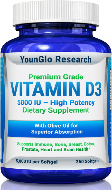 Vitamin D3 Supplement for Adult Men & Women, 5000 IU 360 Softgels, Immune Health Support by Younglo Research