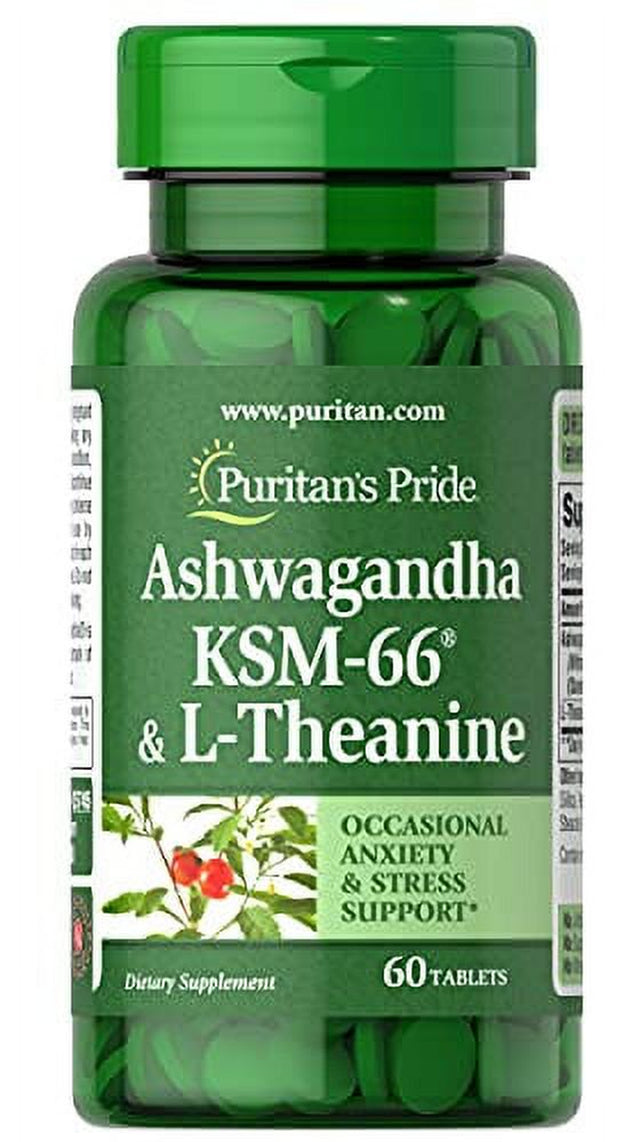 Ashwangandha KSM66 & L-Theanine, Helps Relieve Occassional Stress and Anxiety, 60 Count by Puritan'S Pride, White