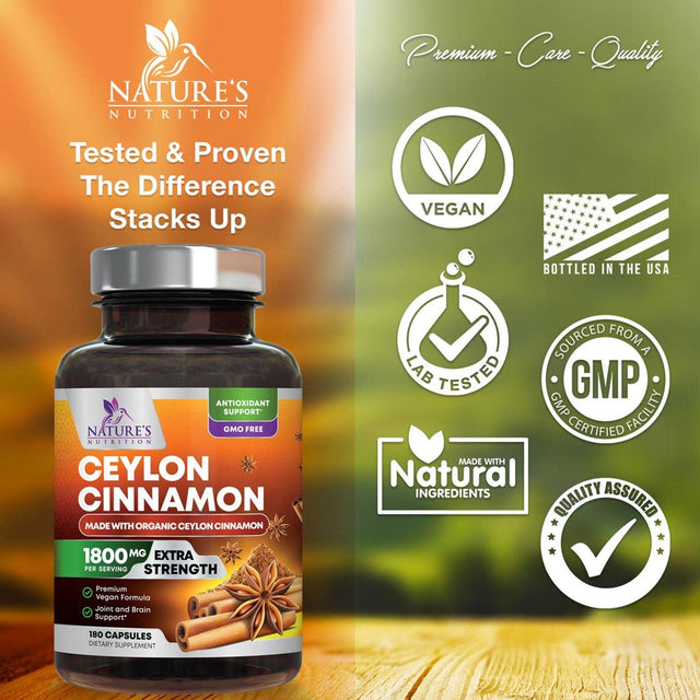 Pure Cinnamon Capsules, Certified Organic Ceylon Cinnamon Pills, Non-Gmo, Gluten-Free, Dairy-Free, Sri Lanka Cinnamon Powder Supplement, Best Vegan True Cinnamomum Vitamins, Sugar Free - 180 Capsules