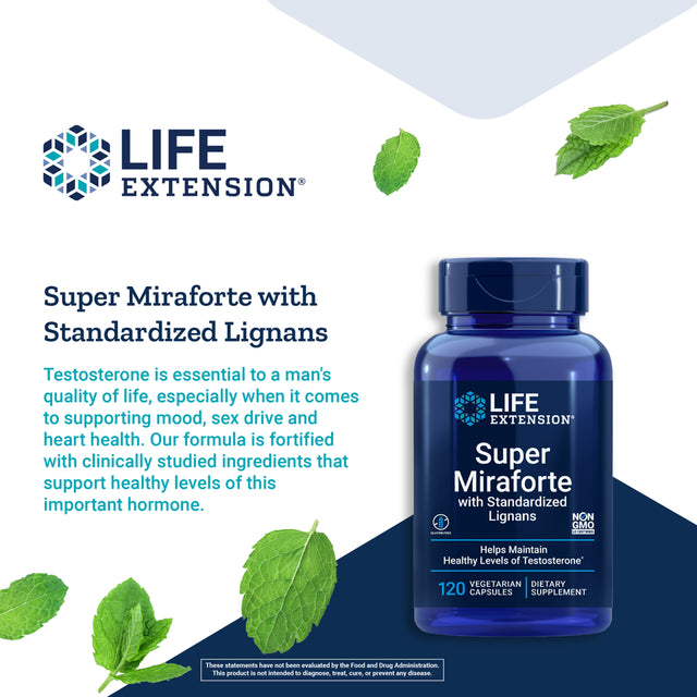 Life Extension Super Miraforte with Standardized Lignans - Focused Formula for Testosterone Benefits - Gluten-Free, Non-Gmo - 120 Vegetarian Capsules