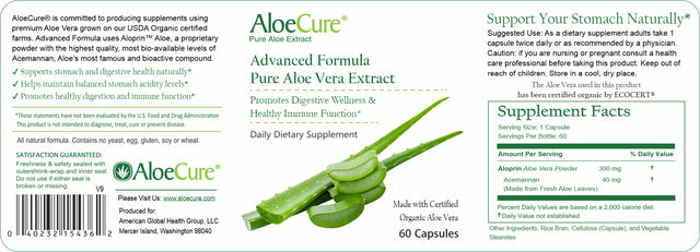 Aloecure Organic Aloe Vera Capsules, 130,000Mg Equivelant Pure Aloe Vera per Capsule, Natural Stomach Acid Buffer for Digestive & Immune Support, Aloe Vera Extract, Organic Aloe Gel Powder, Aloin Free