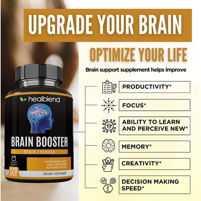 Healblend Brain Booster Supplement - Supports Mental Clarity, Concentration & Memory Function with Ginkgo Biloba, DMAE, Vitamin B12, Rhodiola, Alpha GPC - 2-Pack