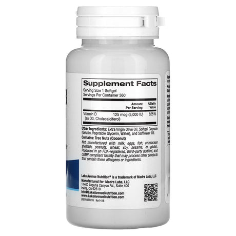 Vitamin D3 by Lake Avenue Nutrition - Featuring Essential Vitamin D3 as Cholecalciferol from Lanolin - Support for Immune System & Bone Health - Gluten Free, Non-Gmo - 125 Mcg - 360 Softgels