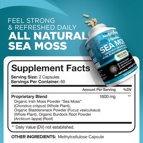 Nutrivein Organic Sea Moss 1600Mg - 120 Capsules - Keto Detox, Gut, Joint Support