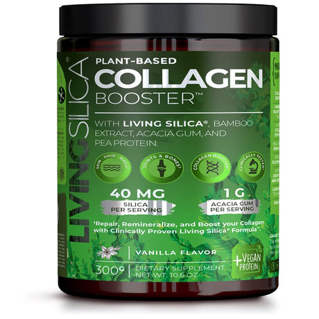 Living Silica Vegan Collagen Booster Powder | Plant Based Collagen Alternative Supplement | with Prebiotic Fiber and Bamboo Extract | Vanilla Flavor | (300 G / 33 Servings).