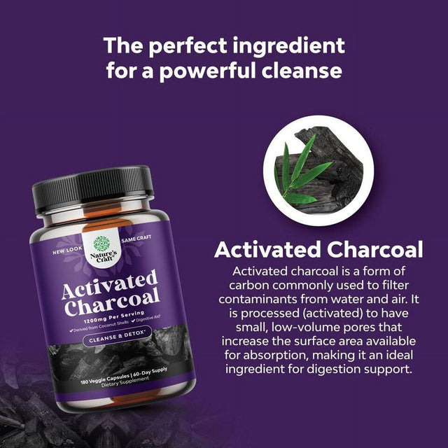 Cleanse and Detox Activated Charcoal Capsules Purifying Detox Pills 1200 Mg 180 Capsules