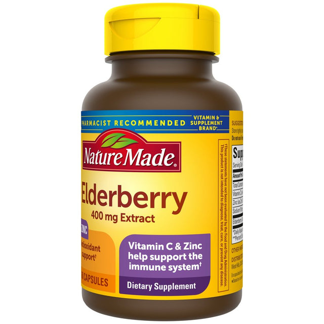 Nature Made Elderberry 400 Mg Extract with Vitamin C and Zinc Capsules, Dietary Supplement, 60 Count