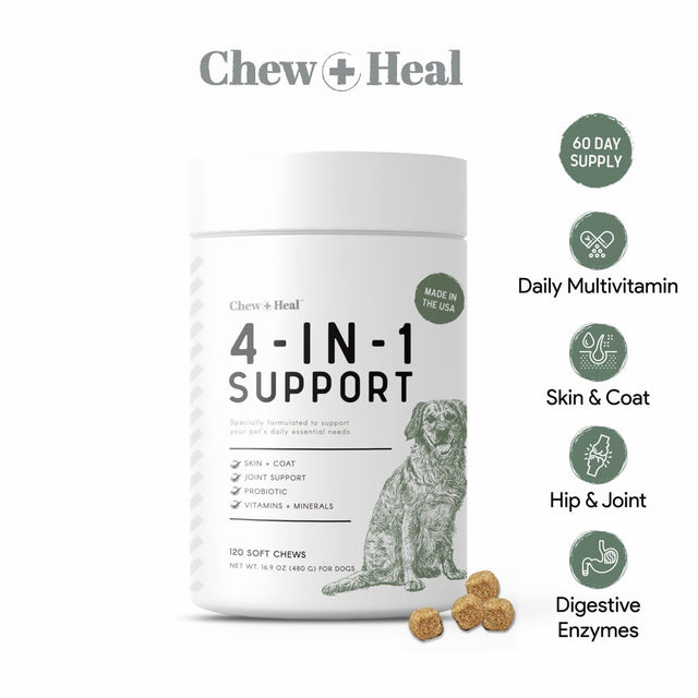 Chew + Heal All in 1 Dog Multivitamin (120 Soft Chews) Supplements for Skin, Coat, Hip and Joint Support