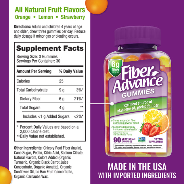 Fiber Advance Plant Based Prebiotic Fiber Supplement Gummies, Natural Fruit, 90 Count