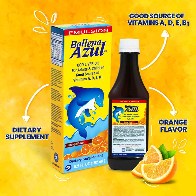 Ballena Azul Aceite De Hígado De Bacalao Para Adultos Y Niños, COD Liver Oil for Adults and Children, Good Source of Vitamins A,D,E, B1, Dietary Supplement, Omega 3, Inmune System Boost (Orange)