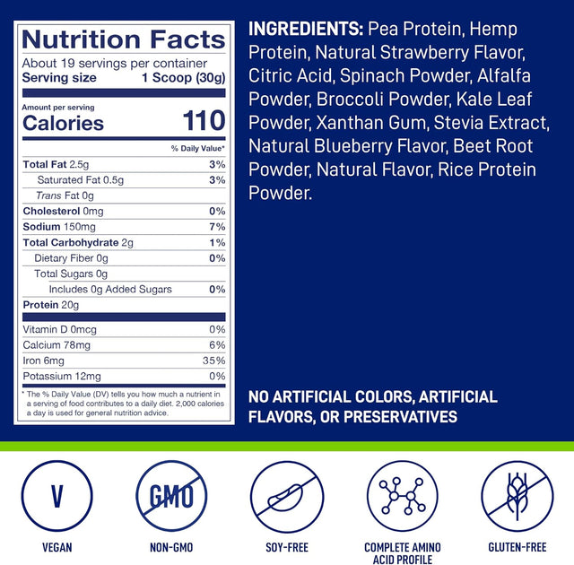 Leanfit Plant-Based Protein & Greens, Natural Berry, 20G Protein, 19 Servings, 1.25 Pound Tub