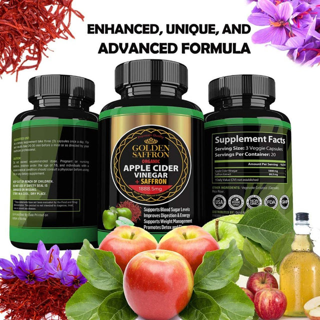 Golden Saffron 100% Organic Apple Cider Vinegar Pills 1800 Mg plus 88.8 Saffron Extract - 2 in 1 Supplement, Natural Digestion, Immune Booster Support & Cleansing Supplement with Probiotics