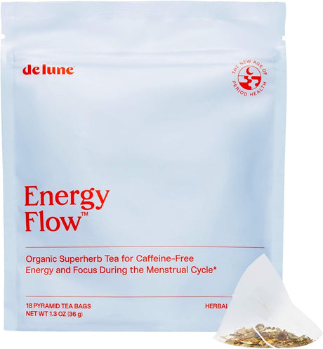 De Lune Energy Flow Loose Leaf Tea, Energy Drink Blended with Adaptogenic, Ginkgo Biloba, Peppermint Tea Flavor, Caffeine Free Tea, Cycle Friendly Superherbs, Organic (18 Tea Bags)