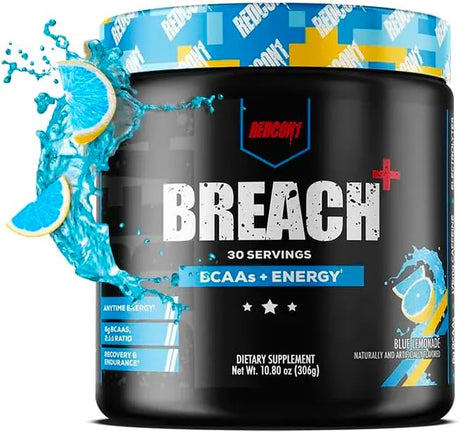 REDCON1 Breach+ Energy, Blue Lemonade - Sugar Free BCAA with 175 Mg of Caffeine - Contains 3 Essential Amino Acids, L-Leucine, L-Isoleucine & L-Valine - BCAA Powder (30 Servings)