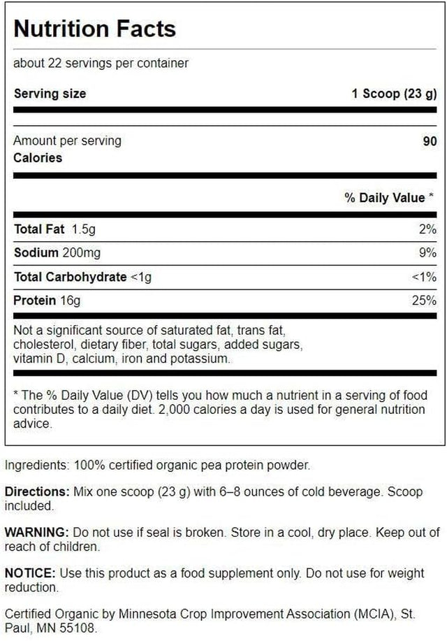 Swanson 100% Certified Organic Pea Protein Powder Non-Gmo 1.1 Lb (503 G) Pwdr