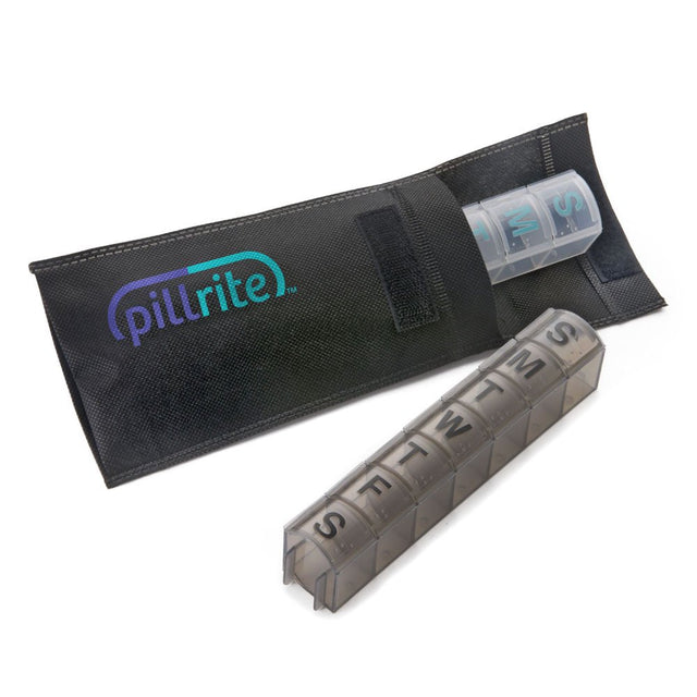 Pillrite - Monthly Pill Organizer, Twice Daily AM and PM, 4 Week Pillbox. Easy and Simple to Use Dispenser for Medications and Vitamins. Storage Compartment for Medical Information. Free Travel Bag.