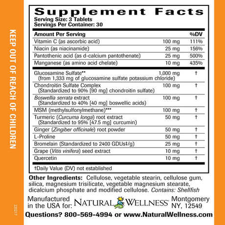 Natural Wellness Joint Support - Glucosamine, Chondroitin, MSM W/ Turmeric - Promotes Healthy Joints, Supports Comfortable Movement & Collagen Formation - 90 Tablets: 30-Day Supply