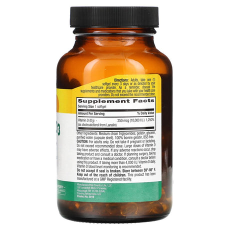 High Potency Vitamin D3, 250 Mcg (10,000 IU), 200 Softgels, Country Life